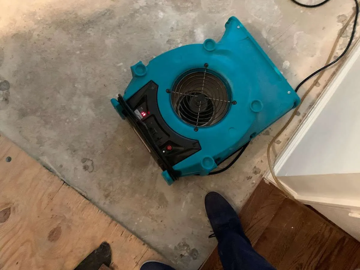 Air mover drying subfloor during Leak Detection & Repair in Lake Elmo